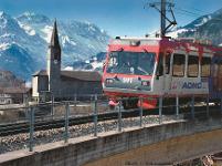 Schweiz, Mont Blanc Express, Schweizer Bahnen, Eisenbahn, Zug, Berge, Landschaft, Natur, Kirche